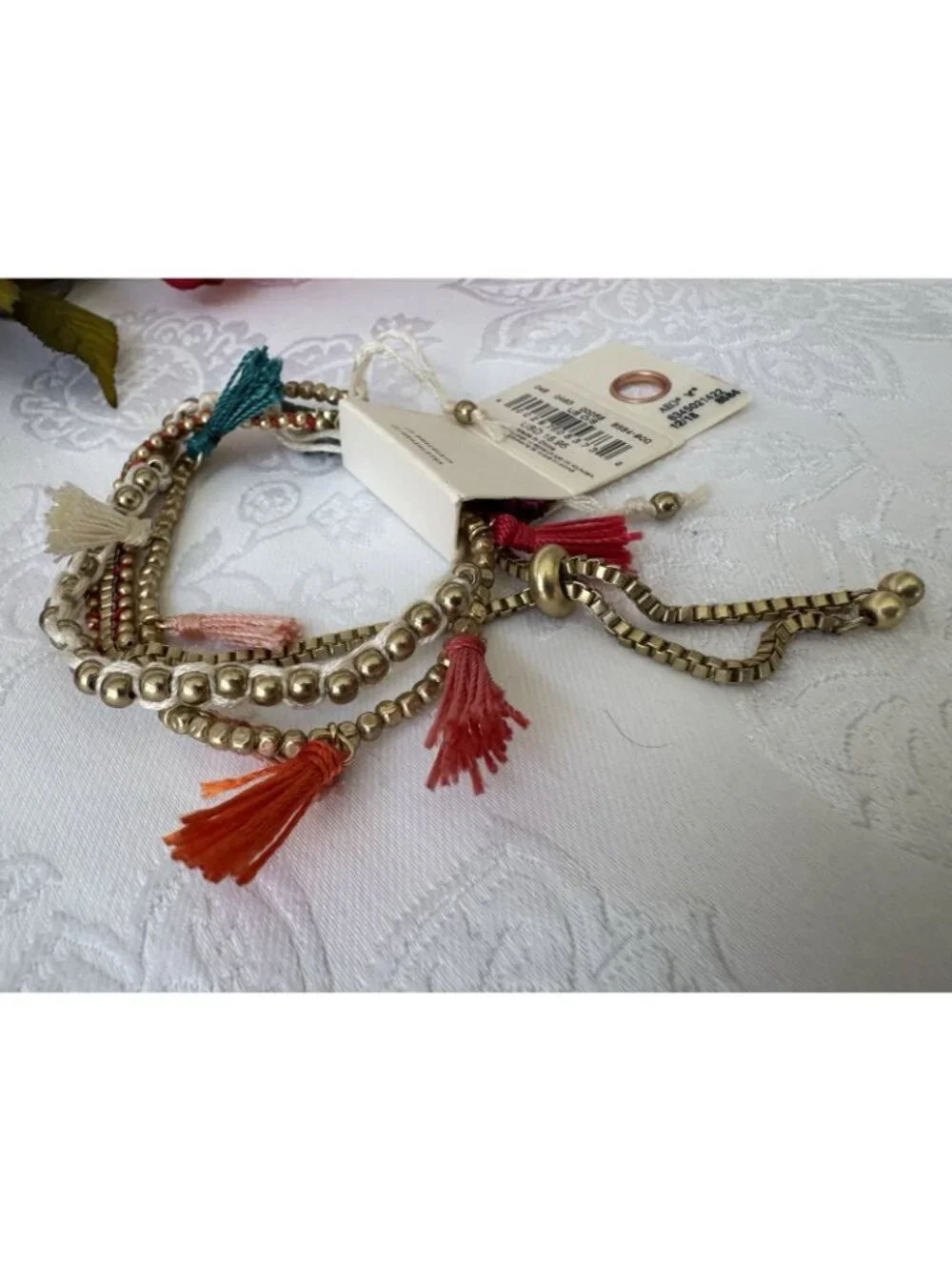 American Eagle Goldtone Cream Colorful Tassel Beads Bracelet Set 3 PC Stack NEW